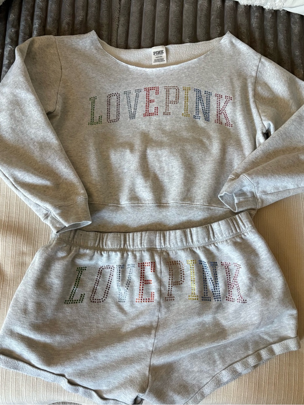 PINK Victoria's Secret Gray Sweater Shorts Set Rainbow Rhinestones Love Pink